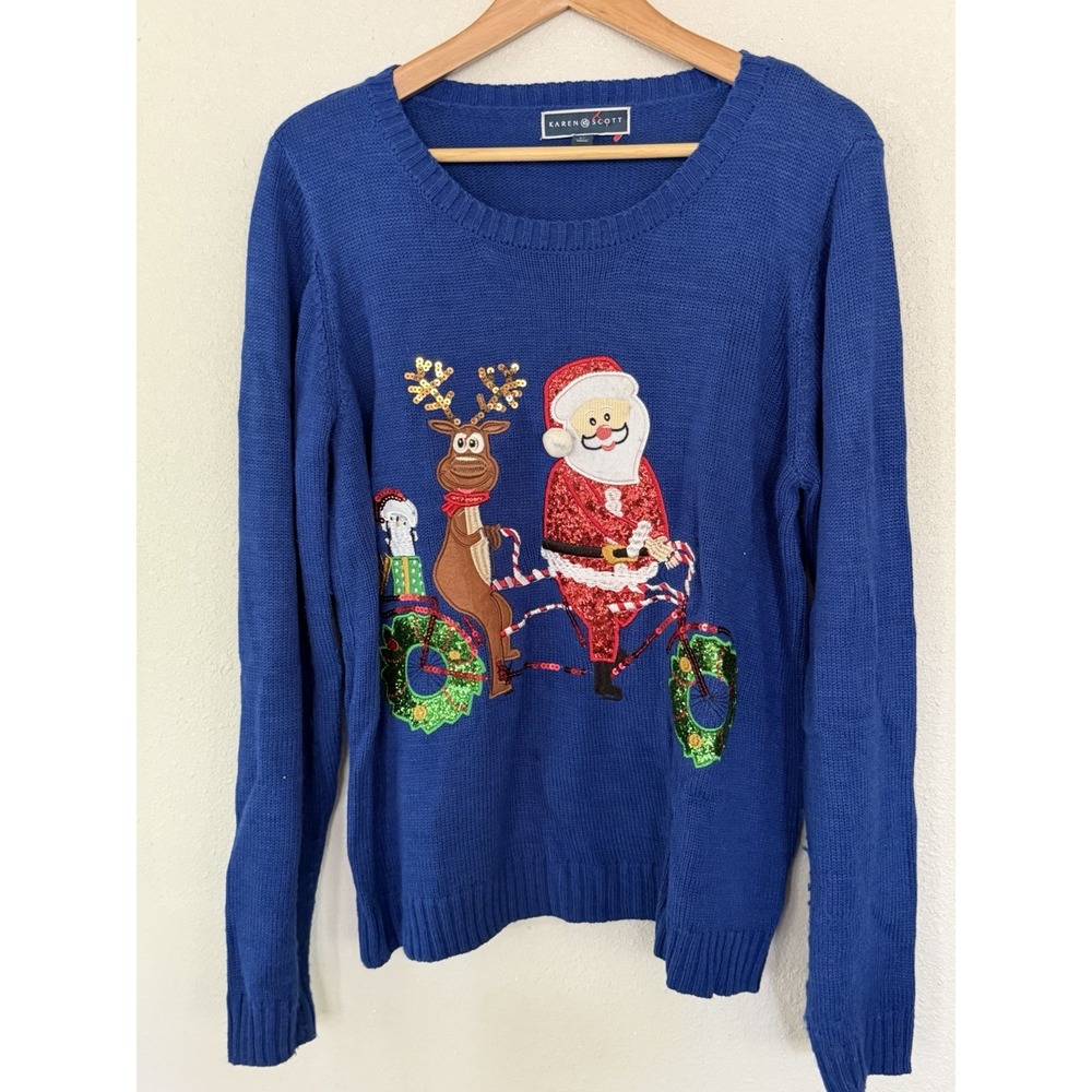 Karen Scott Women's Embroidered Embellished Xmas Sweater Santa Reindeer Size XL